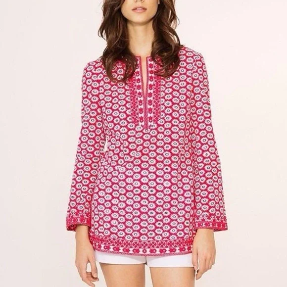Tory Burch Jayne tunic red daisy floral print sequins embroidery boho spring - Picture 2 of 15
